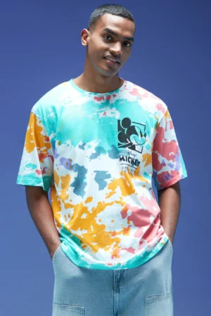 Mickey Loves Music – White Oversized Tie-Dye Printed T-Shirt